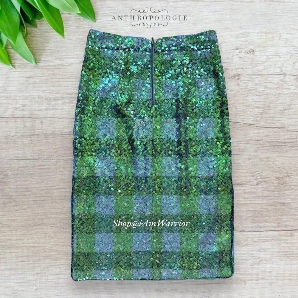Anthropologie Maeve iridescent sequin buffalo check pencil skirt shop@iamwarrior
